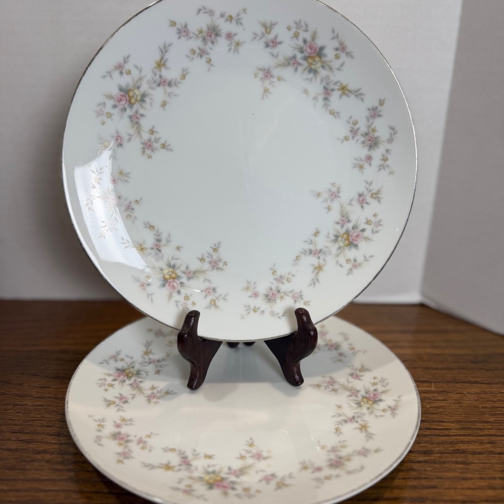Noritake Arlene 5802 Salad Plates Set Vintage China Floral‎ Silver Trim 8.25"